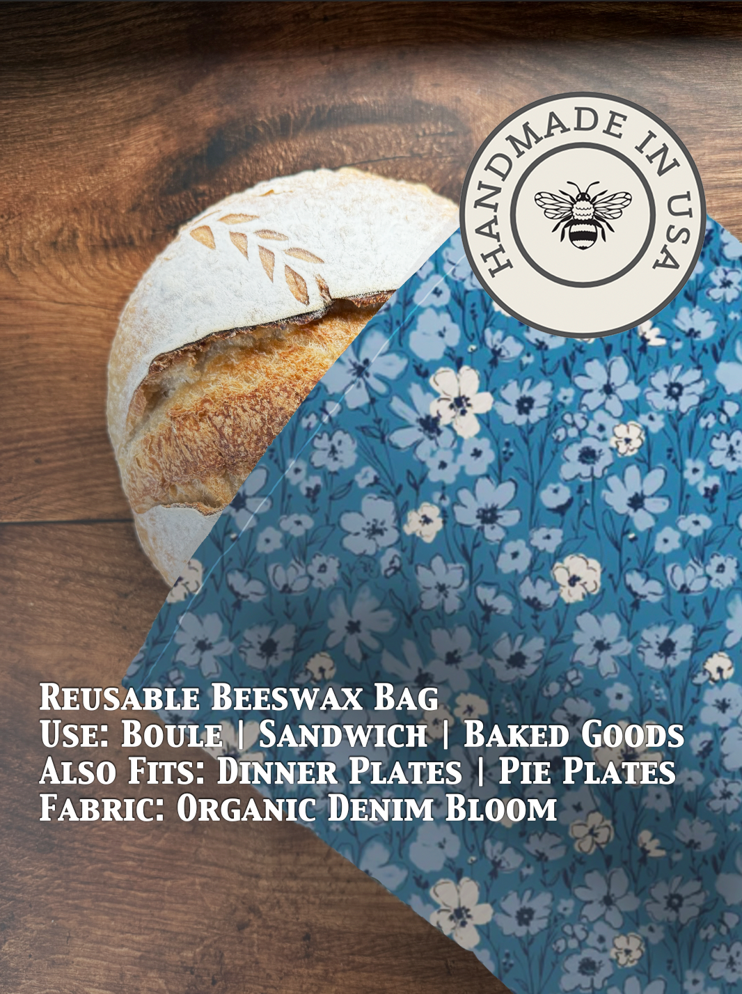 Denim beeswaxed bread bag from Five Oaks Farm, eco-friendly cloth storage with floral bloom pattern for fresh bread storage.