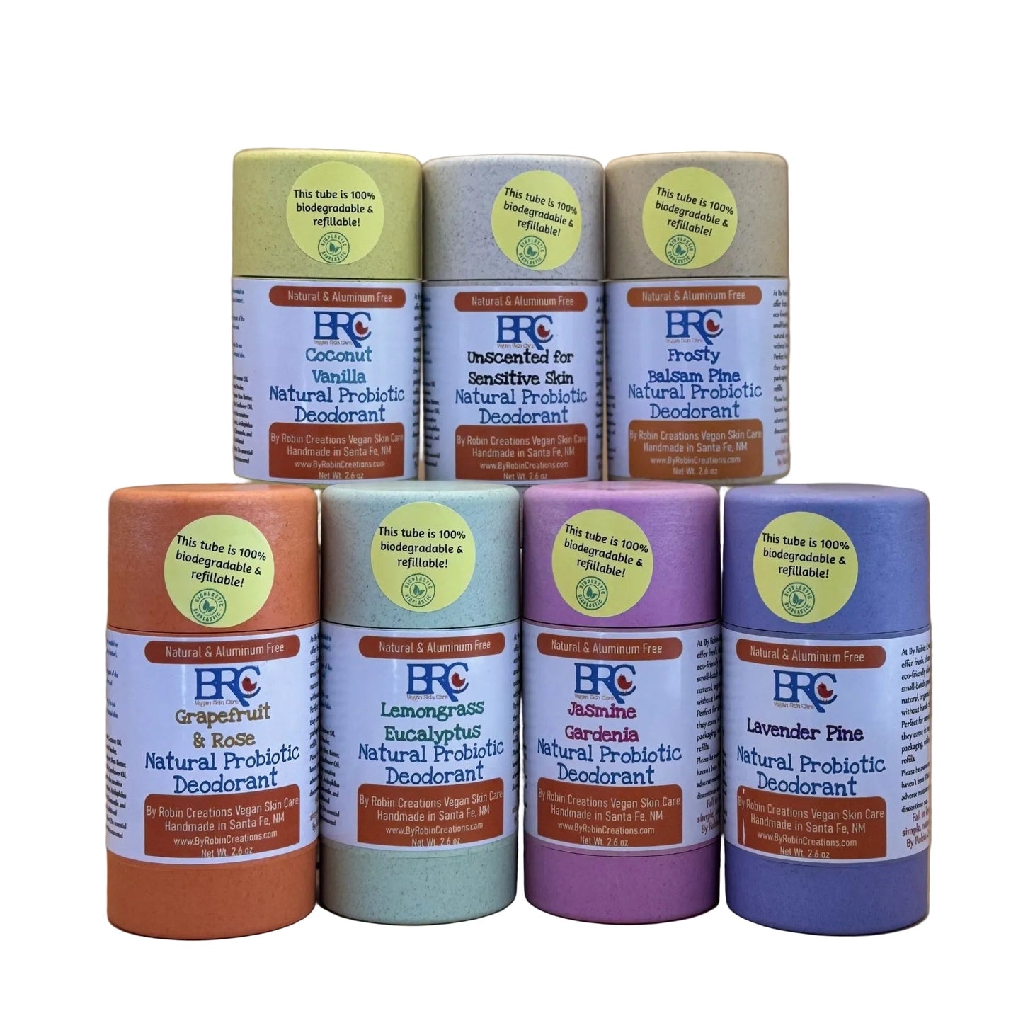 Group of natural probiotic deodorants by Robin Creations, eco-friendly body care products in sleek packaging.