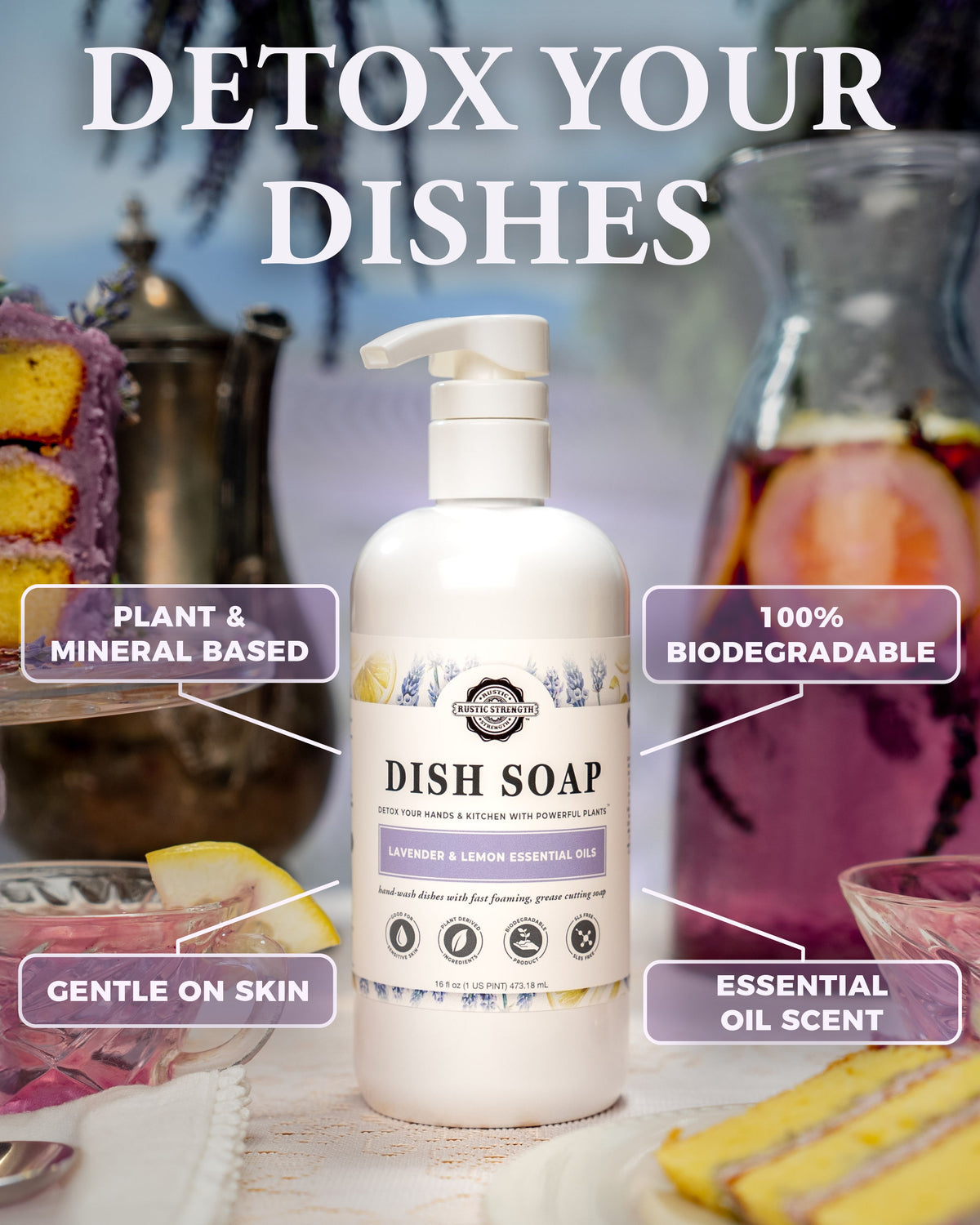 Rustic Strength lavender and lemon dish soap bottle with label, designed for cleaning dishes with natural fragrance.