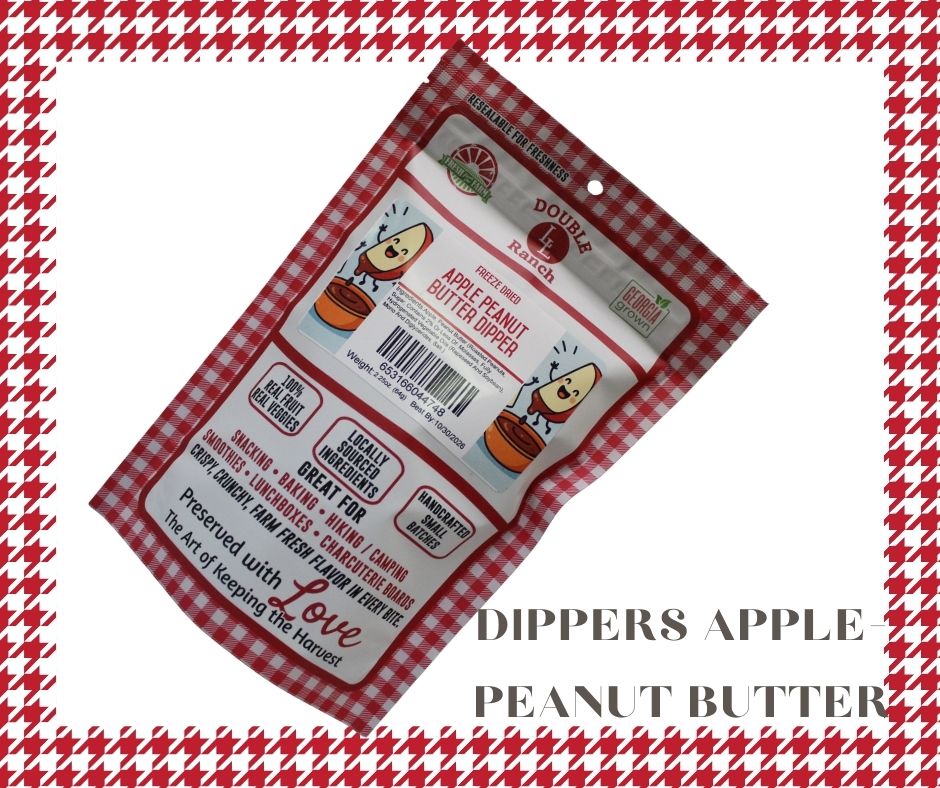 Freeze-dried apple peanut butter dipper from Double L Ranch, showing crunchy, golden freeze-dried apple pieces and creamy peanut butter.