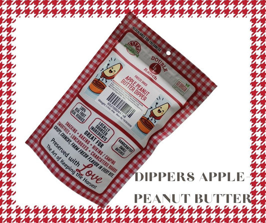 Freeze-dried apple peanut butter dipper from Double L Ranch, showing crunchy, golden freeze-dried apple pieces and creamy peanut butter.