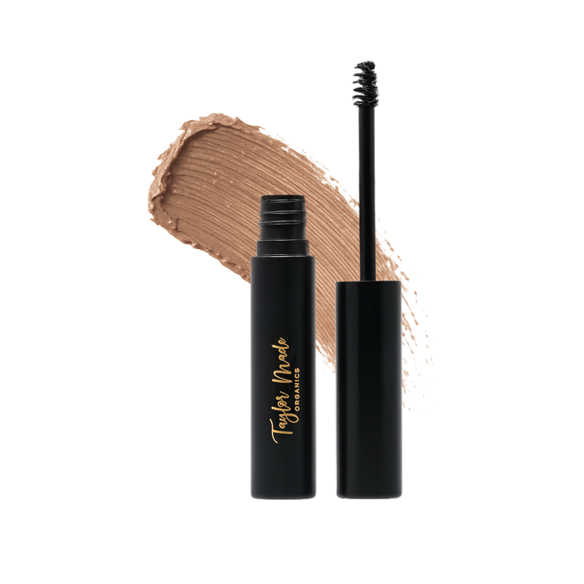 Dirty blonde Taylor Made Organics brow gel with tint and tame formula, shown smeared on a surface for natural brow styling.