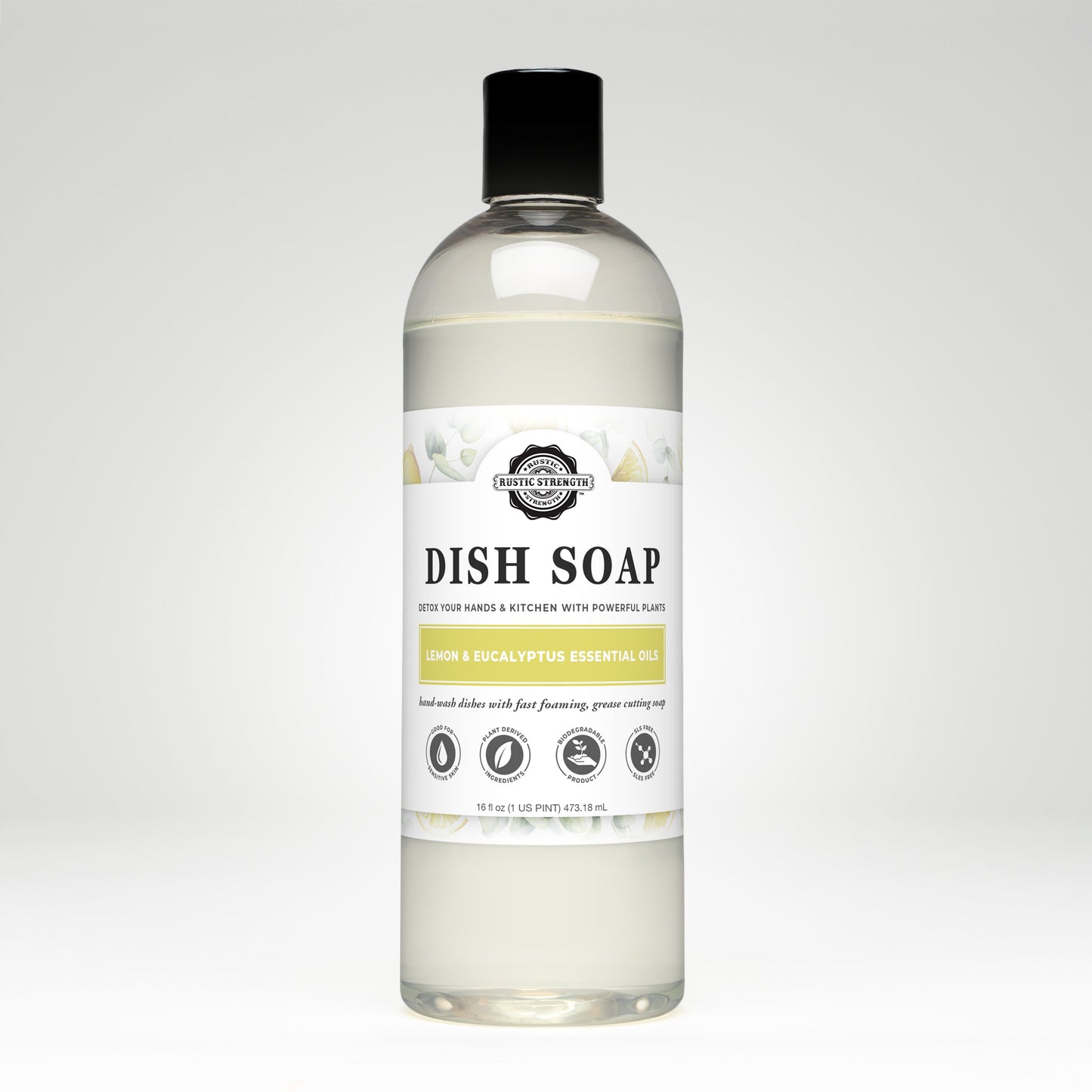 A clear plastic bottle of Rustic Strength Dish Soap | Lemon & Eucalyptus, with a white label featuring black text and yellow-green accents, is displayed on a plain white background.