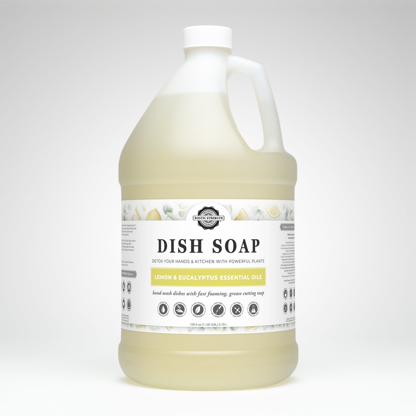 A large plastic jug of Rustic Strength Dish Soap | Lemon & Eucalyptus, featuring a white cap and a label with essential oils. The pale yellow biodegradable soap stands out against the plain white background.