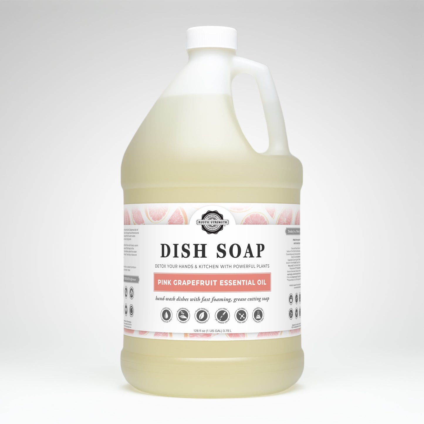 A large biodegradable jug of Rustic Strength Dish Soap | Pink Grapefruit features a handle, white cap, and a label with pink grapefruit illustrations. Enjoy a refreshing grapefruit scent from this eco-friendly dishwashing soap.