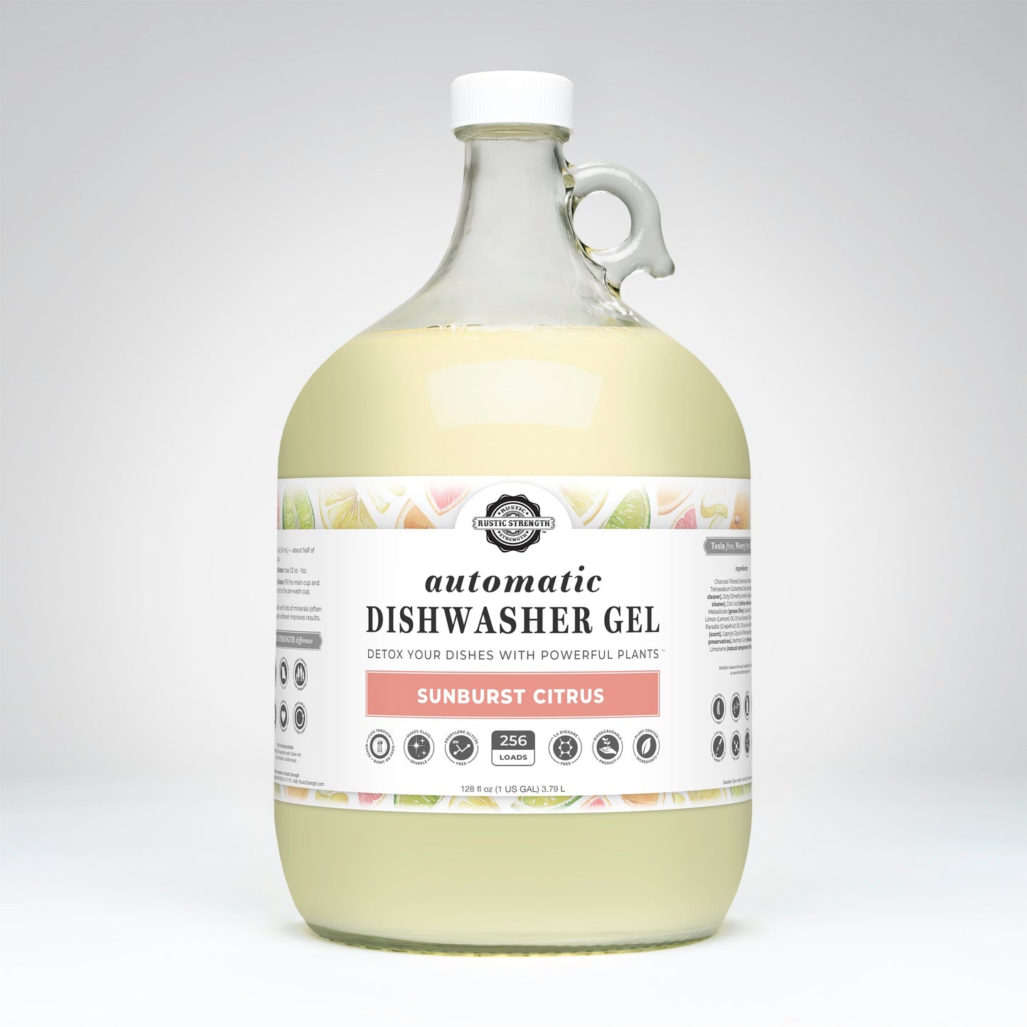 Rustic Strength Sunburst Citrus automatic dishwasher gel in a 128oz bottle, bright orange dish soap for effective cleaning.
