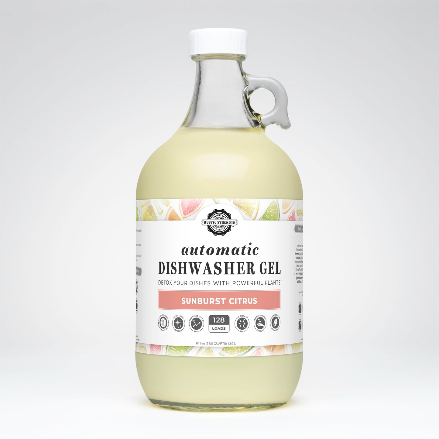 Rustic Strength Sunburst Citrus automatic dishwasher gel, 64oz dish soap bottle with bright citrus label and pump dispenser.