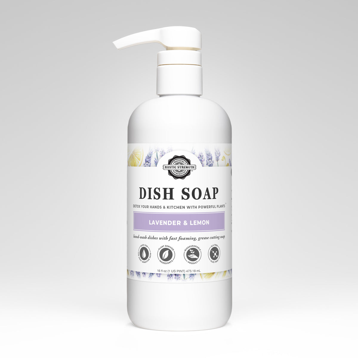 Rustic Strength lavender and lemon dish soap in a 16oz bottle, showcasing the eco-friendly cleaning liquid for kitchen use.