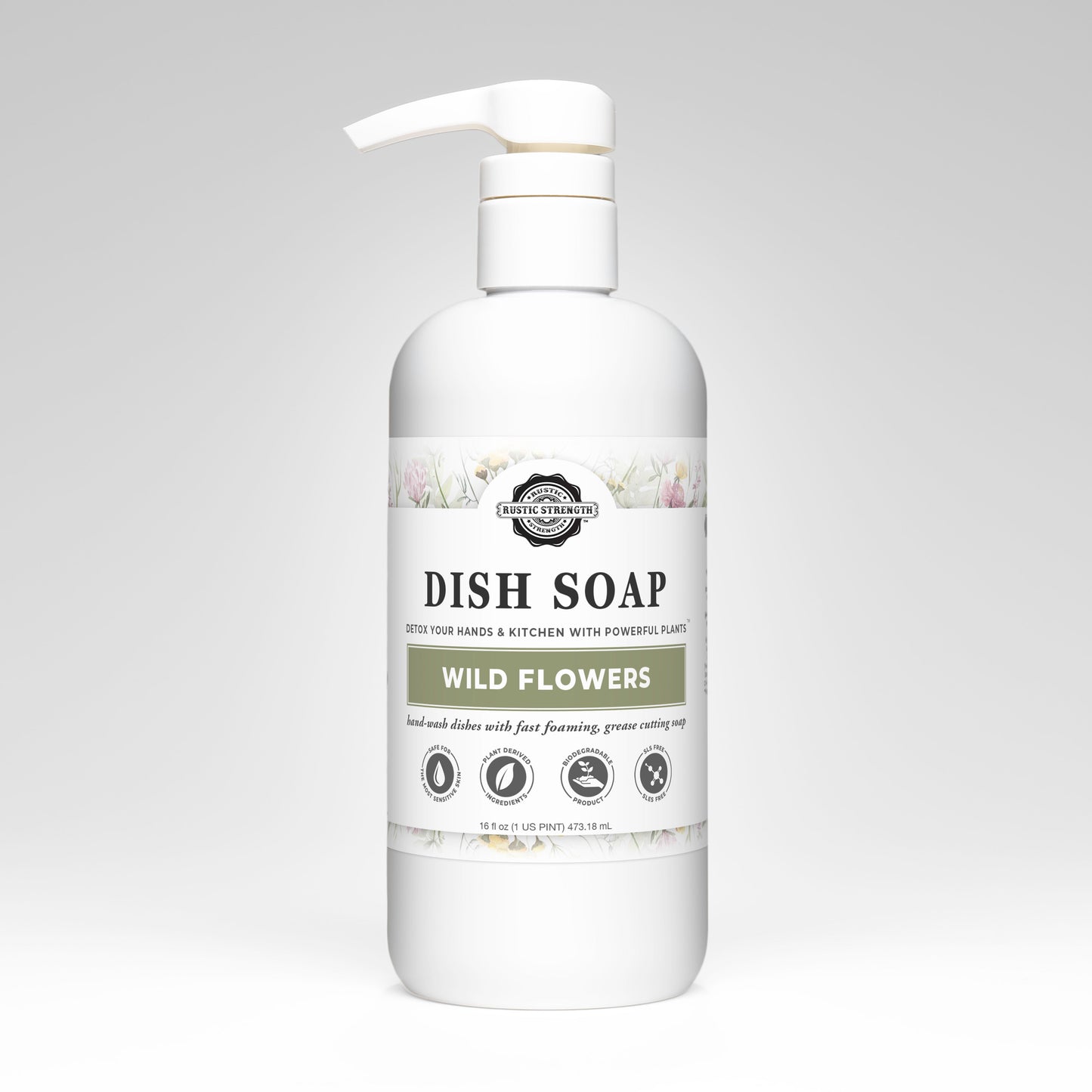Rustic Strength Wild Flowers dish soap in a 16oz bottle, featuring a floral design and natural cleaning ingredients.