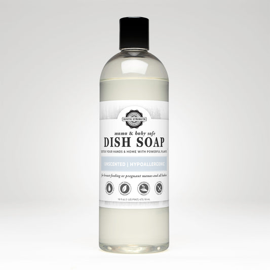A clear plastic bottle of Rustic Strength Dish Soap | Mama + Baby Safe with a black cap. The unscented, hypoallergenic, and clear formula is baby safe and suitable for breastfeeding or pregnant moms.