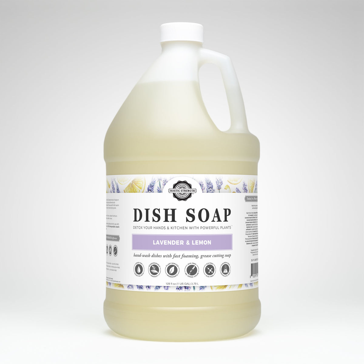 Rustic Strength lavender and lemon dish soap gallon with a clear bottle and colorful label, showing fresh ingredients.
