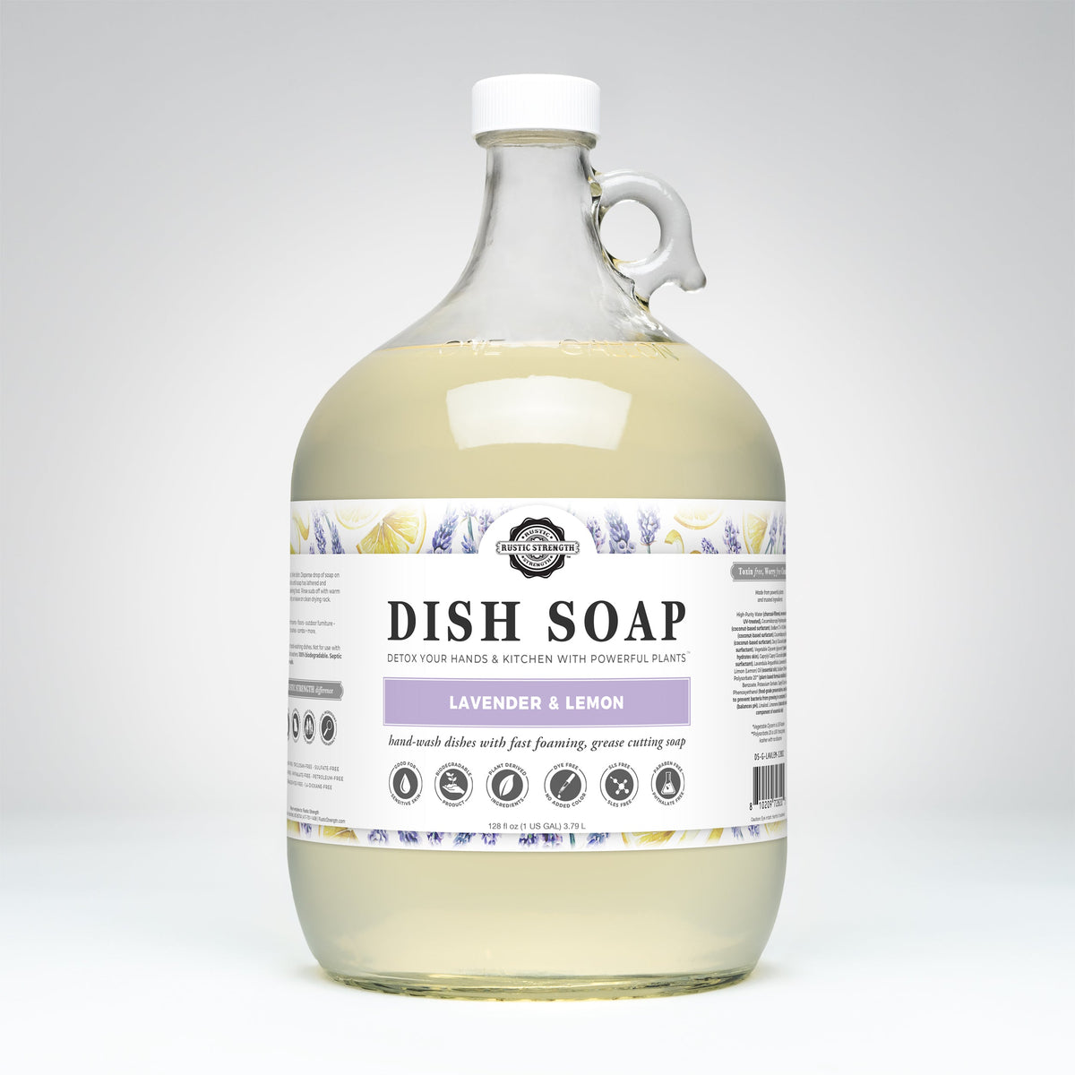 Rustic Strength lavender and lemon dish soap gallon bottle with label and cap, ready for cleaning dishes