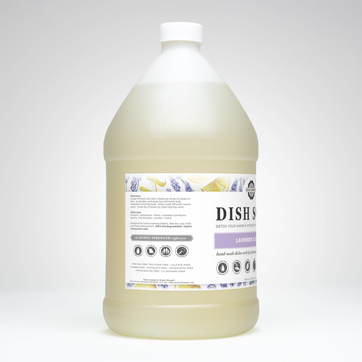 Rustic Strength lavender and lemon dish soap gallon with a clear label and pump dispenser, designed for effective kitchen cleaning.