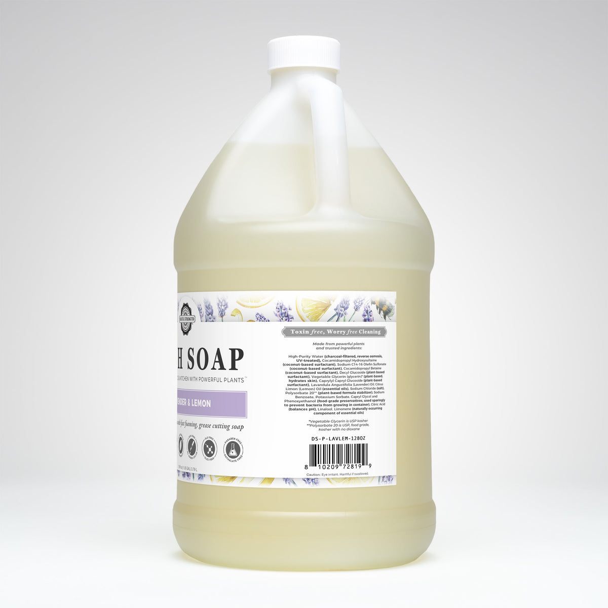 Rustic Strength lavender and lemon dish soap gallon with a pump dispenser, showcasing a bright, clean label and fresh scent.