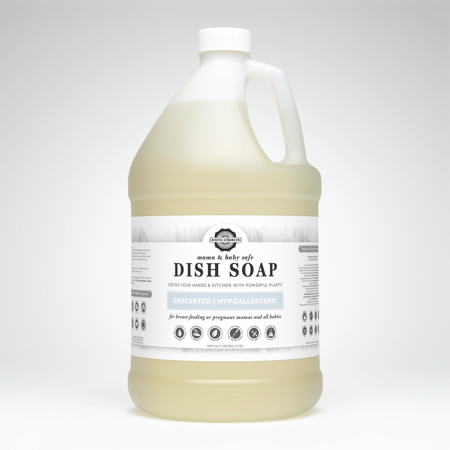 A large plastic jug of Rustic Strength Dish Soap | Mama + Baby Safe, unscented and hypoallergenic with a baby-safe formula and handle—ideal for hands, kitchens, breastfeeding or pregnant women, and babies.