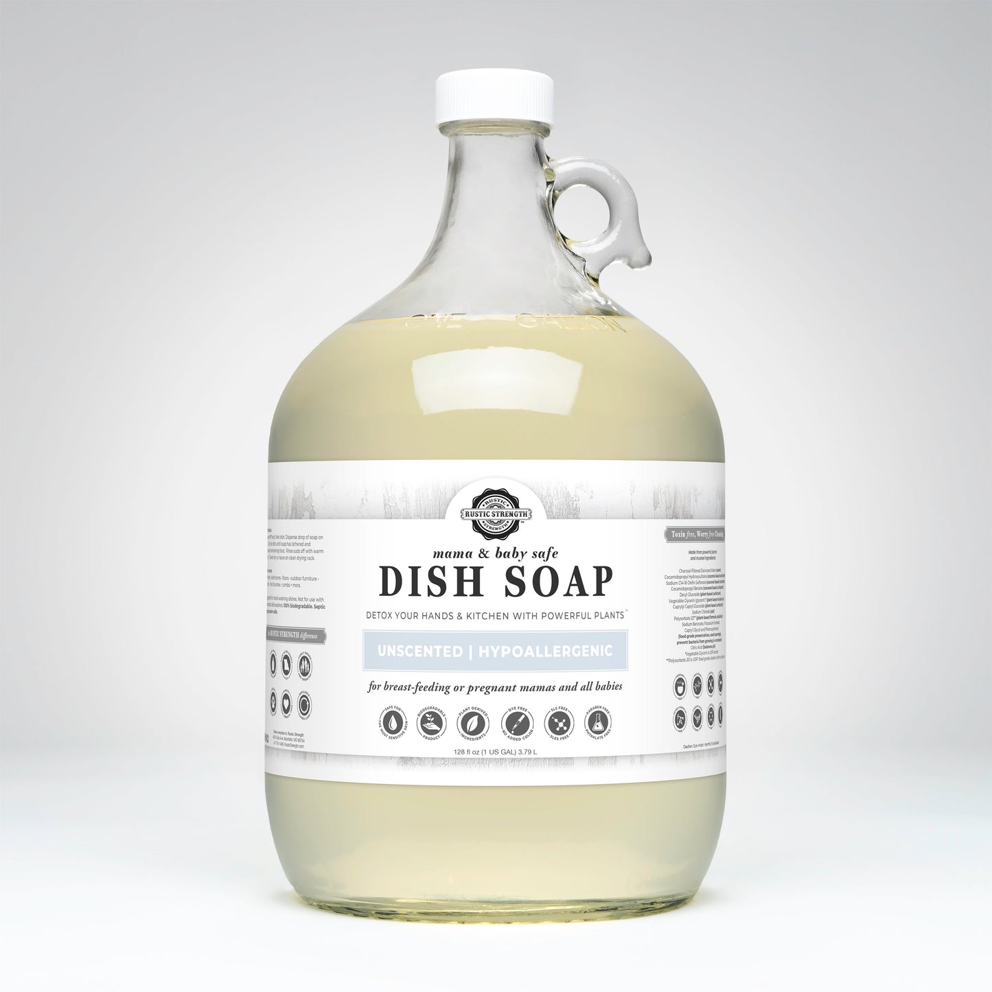 A large clear jug of Rustic Strength Dish Soap | Mama + Baby Safe, unscented and baby-safe with a white cap and handle. The label shows instructions and icons, making it ideal for families and sensitive skin.