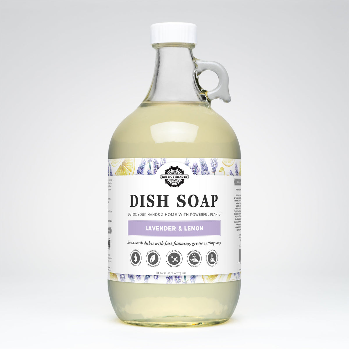Rustic Strength lavender and lemon dish soap in a half-gallon bottle, showing the colorful label and liquid inside.