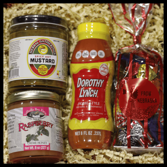 Nebraska gift basket featuring Dorothy Lynch salad dressing and local treats, ideal for gift-giving from BuyNebraska.com