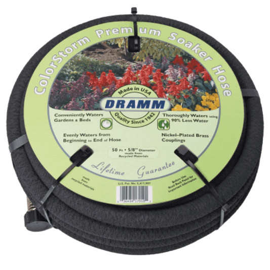 Dramm ColorStorm 25-foot soaker hose from Rivendell Distribution, flexible garden watering tool with vibrant color design