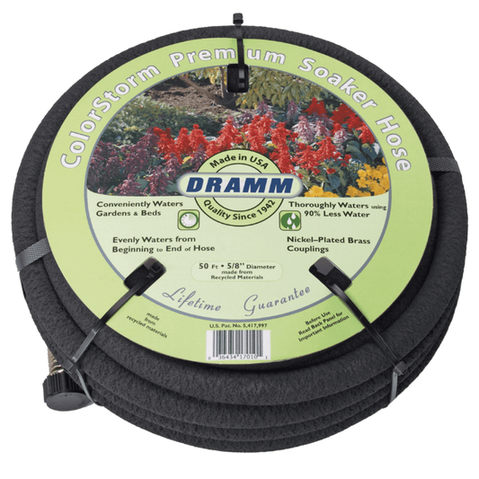 Dramm ColorStorm 50-foot soaker hose for watering gardens, flexible and durable soaker hose with vibrant color, by Rivendell Distribution.