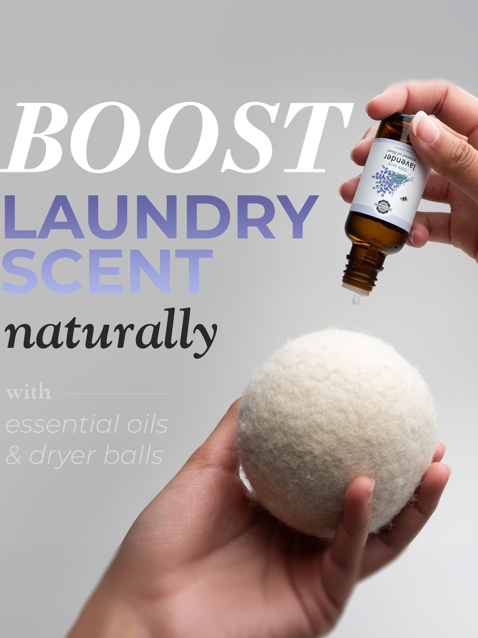 A hand holds a Rustic Strength Jumbo Wool Dryer Ball (3 pack) while another drips essential oil on it. Text reads: BOOST LAUNDRY SCENT naturally with Rustic Strength dryer balls & essential oils.