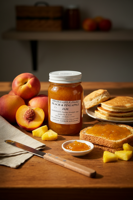 Amish Country Store Miller’s Peach & Pineapple Jam jar with label, showcasing fresh fruit and vibrant jam inside.