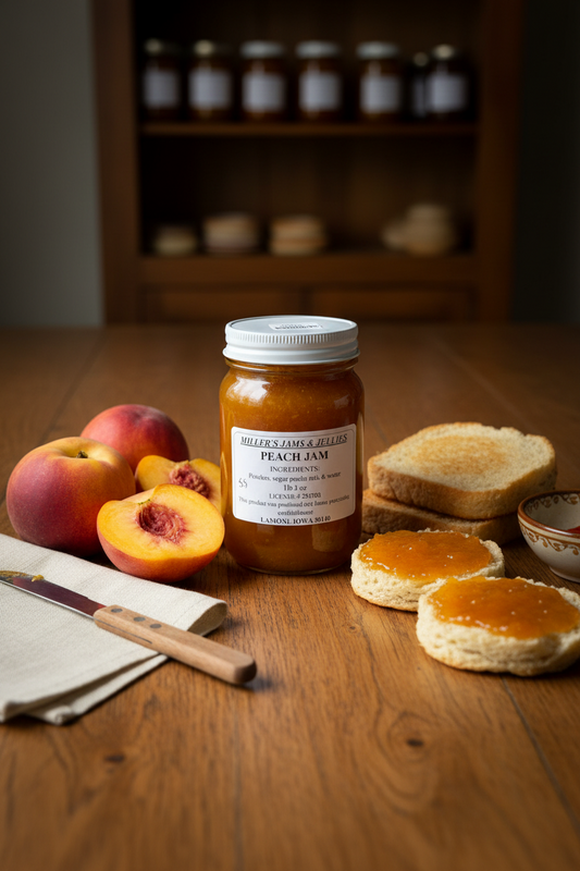 Amish Country Store's peach jam jar with a label, showcasing fresh, homemade Amish jam made with ripe peaches.
