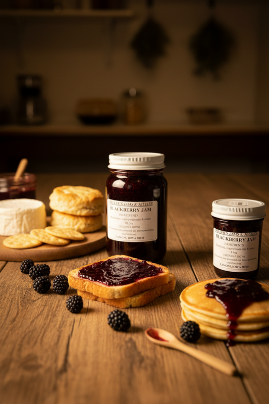 Amish Country Store Miller’s Blackberry Jam jar with blackberries and jam spread on toast, showcasing a rich, dark fruit spread.