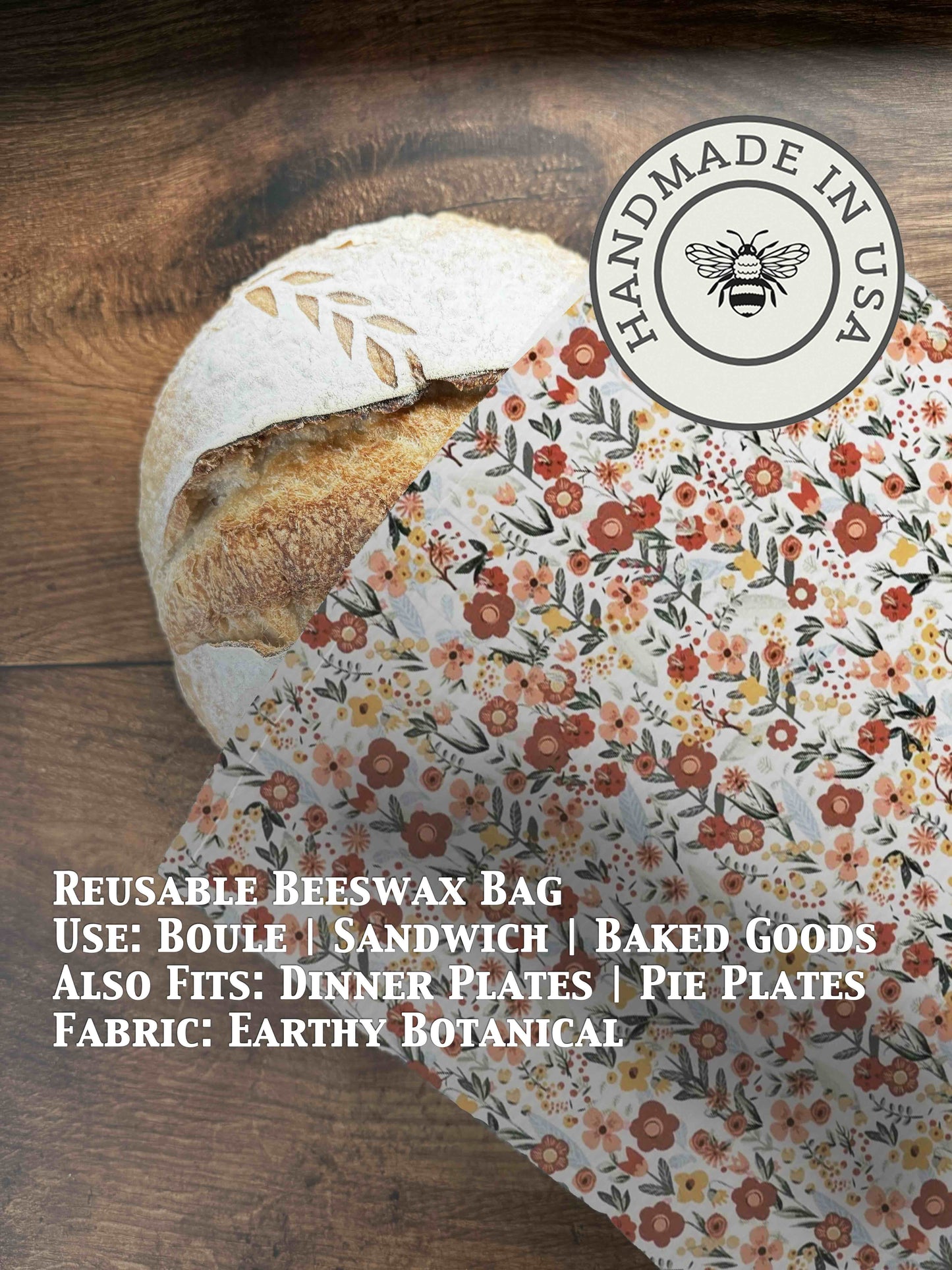 Beeswaxed bread bag from Five Oaks Farm with earthy botanical design, eco-friendly and reusable for fresh bread storage.