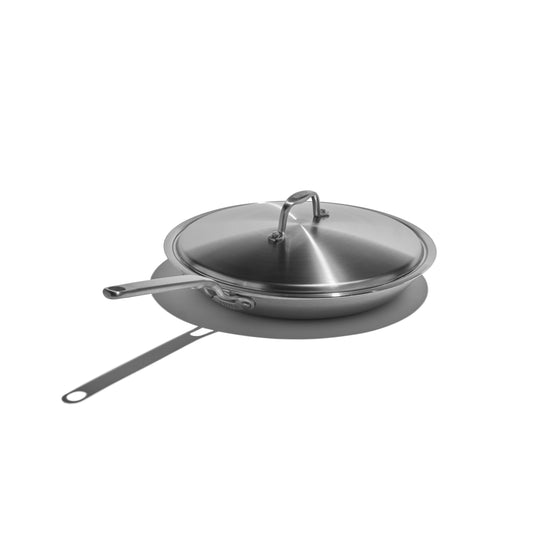 Heritage Steel 12-inch white fry pan with lid, cookware, featuring a durable stainless steel construction and ergonomic handle.
