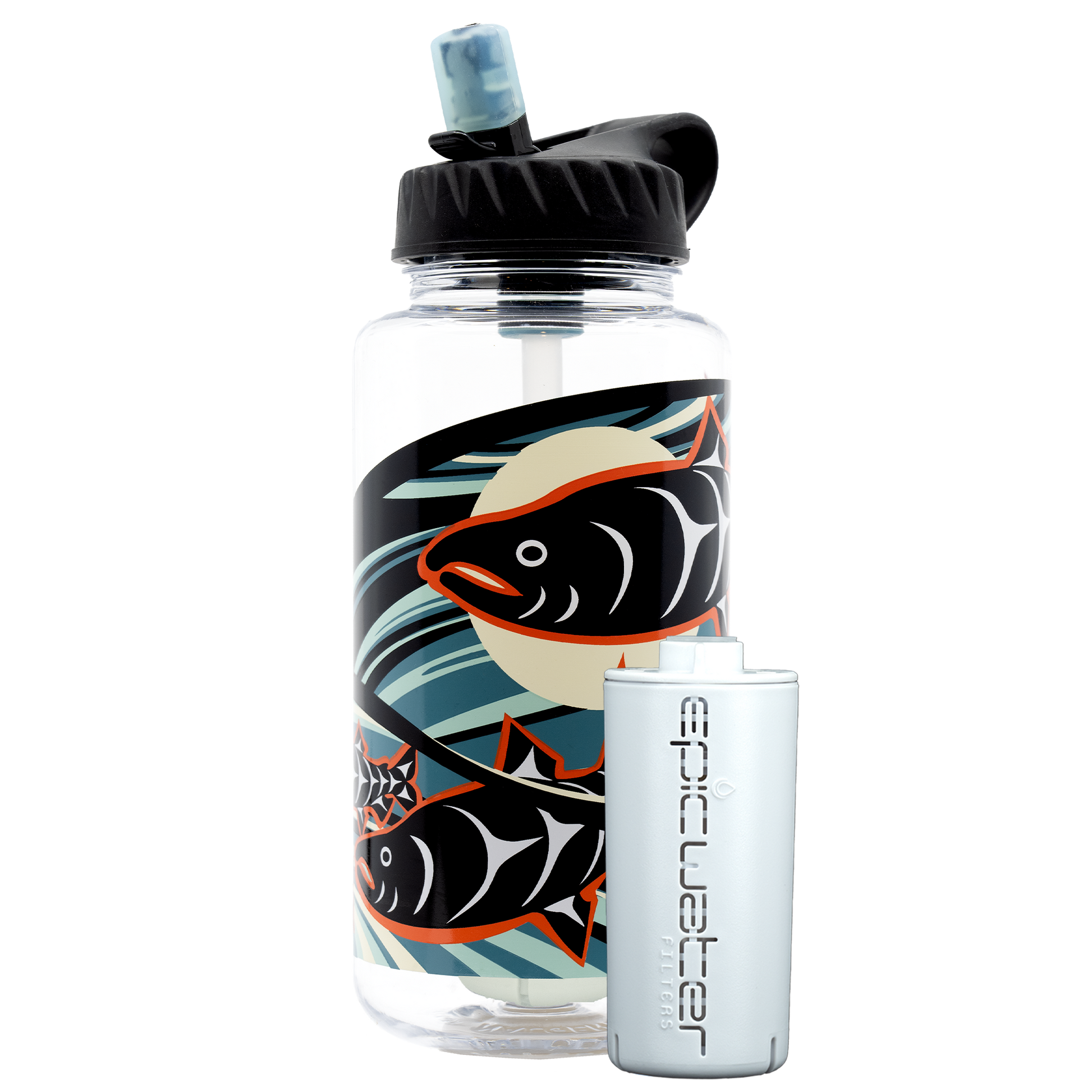 Nalgene OG Leggitt & LaClair art bottle by Epic Water Filters USA, 32oz and 48oz size, clear plastic with colorful artistic design.