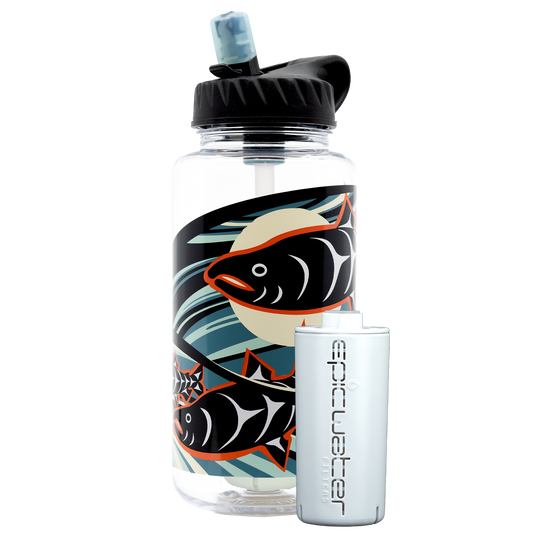 Nalgene OG Leggitt & LaClair art bottle by Epic Water Filters USA, 32oz and 48oz size, clear plastic with colorful artistic design.