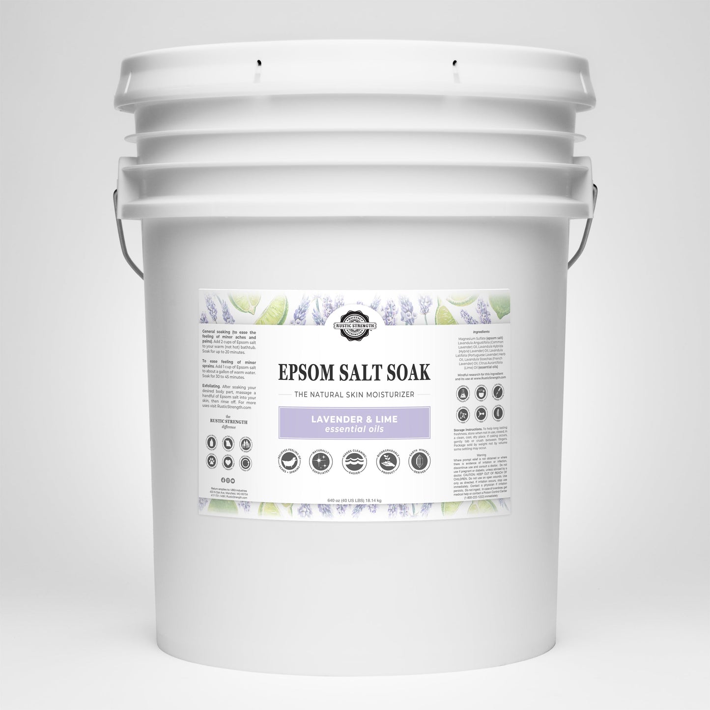 A large white bucket labeled Epsom Salt Soak | Lavender & Lime by Rustic Strength features non-toxic lavender and lime essential oils, purple and green accents, a handle, and product info on the front.