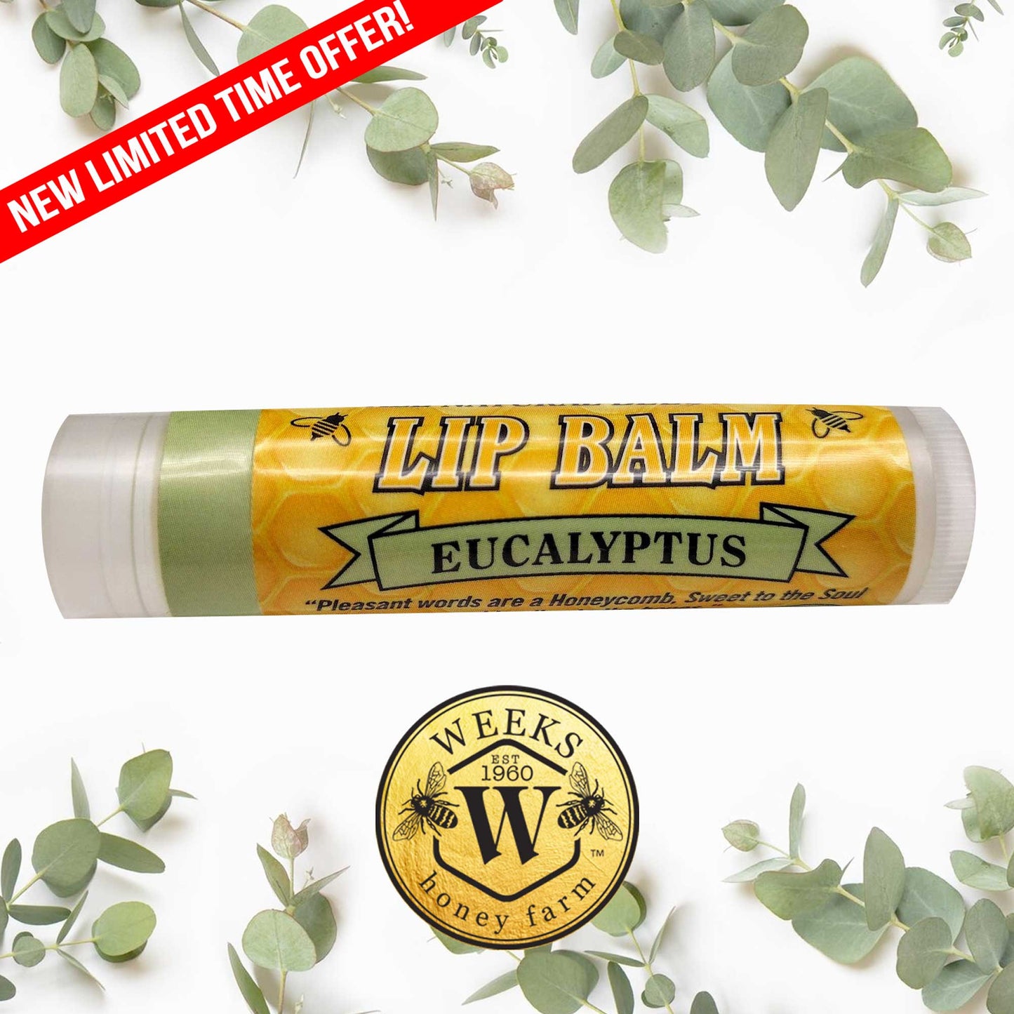 A tube of Weeks All Natural Beeswax Lip Balm by Weeks Honey Farm, featuring a eucalyptus scent, honey bee design, and the logo, surrounded by eucalyptus leaves. A red banner announces: New Limited Time Offer! Available as singles, twin packs, or cases.