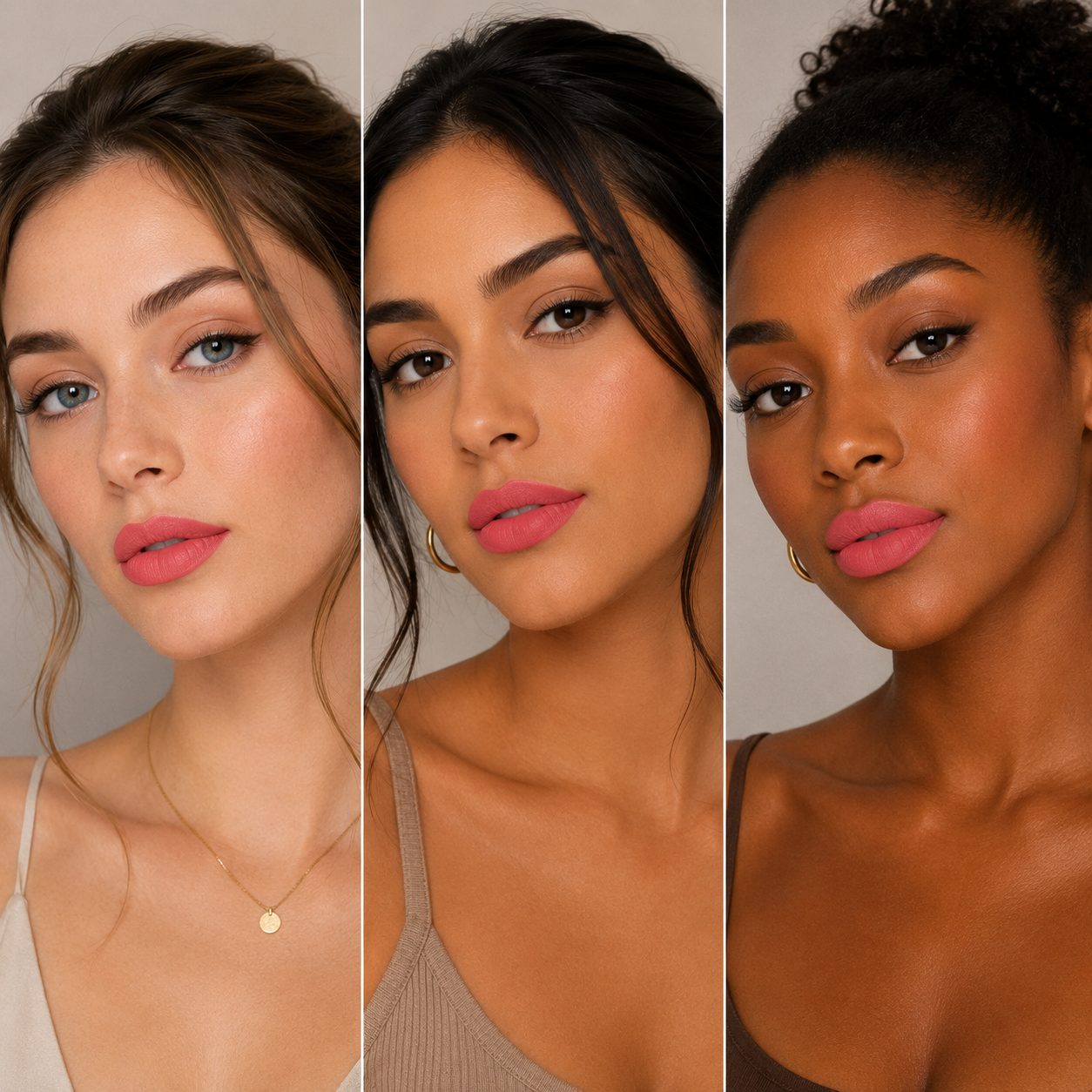 Organic Taylor Made Organics lipstick in a sleek tube, with a model showcasing the vibrant, natural lipstick shade on her lips.