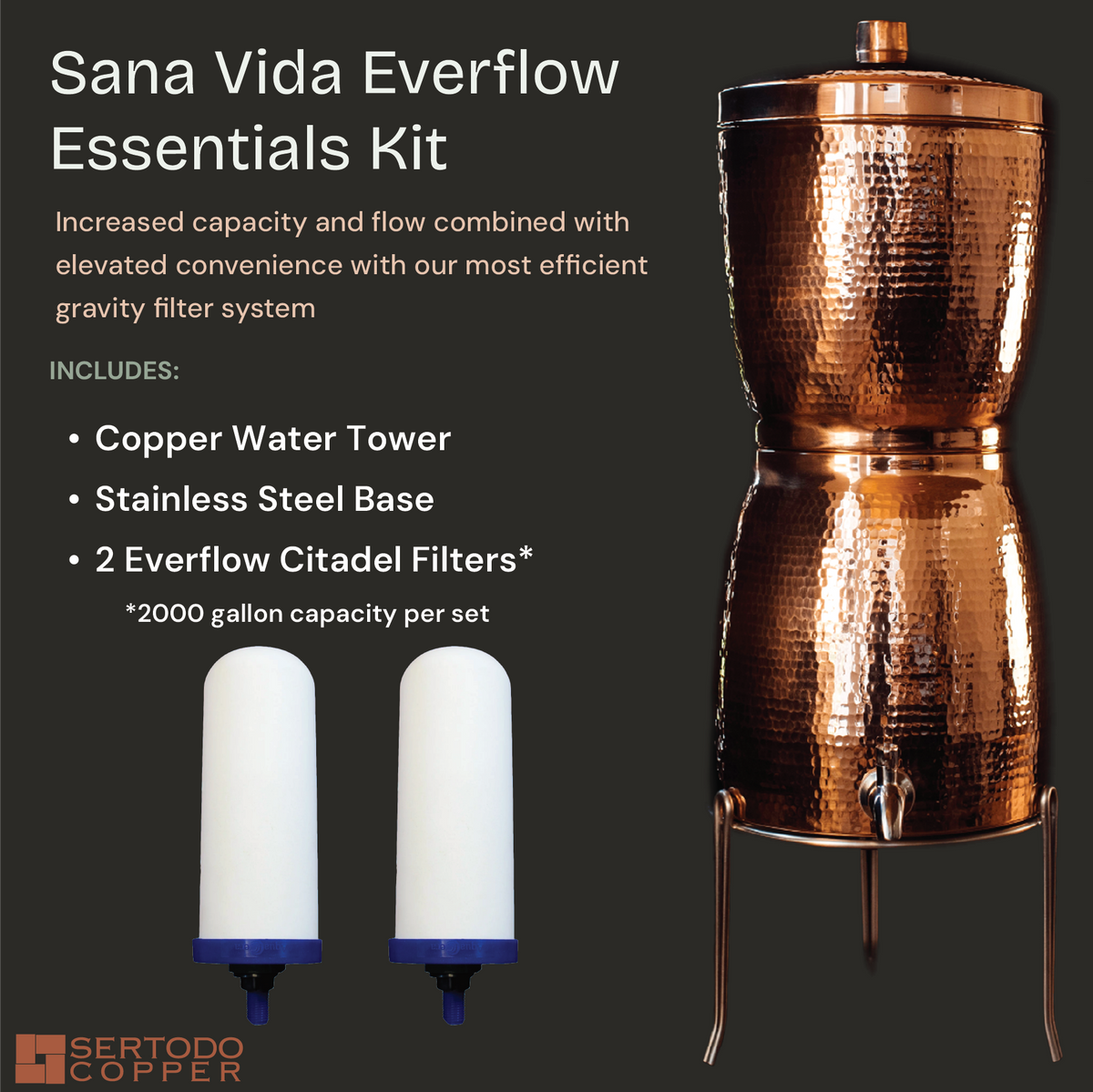Sertodo Sana Vida copper water dispenser with Everflow Essential filtration system and sleek design.