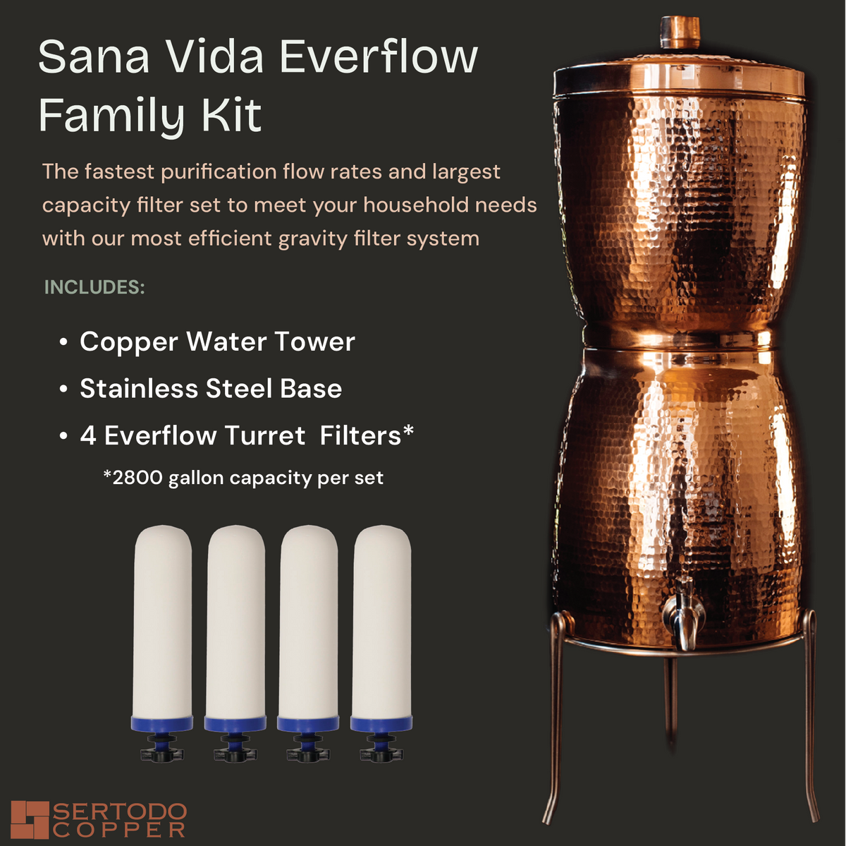 Sertodo Sana Vida copper water dispenser with family filling glasses, showcasing traditional design and water filtration features.