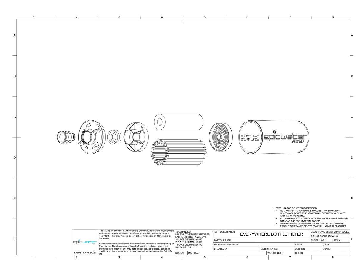 Exploded view of Epic Water Filters USA Everywhere Bottle Filter with casing, showing internal filter components and assembly.