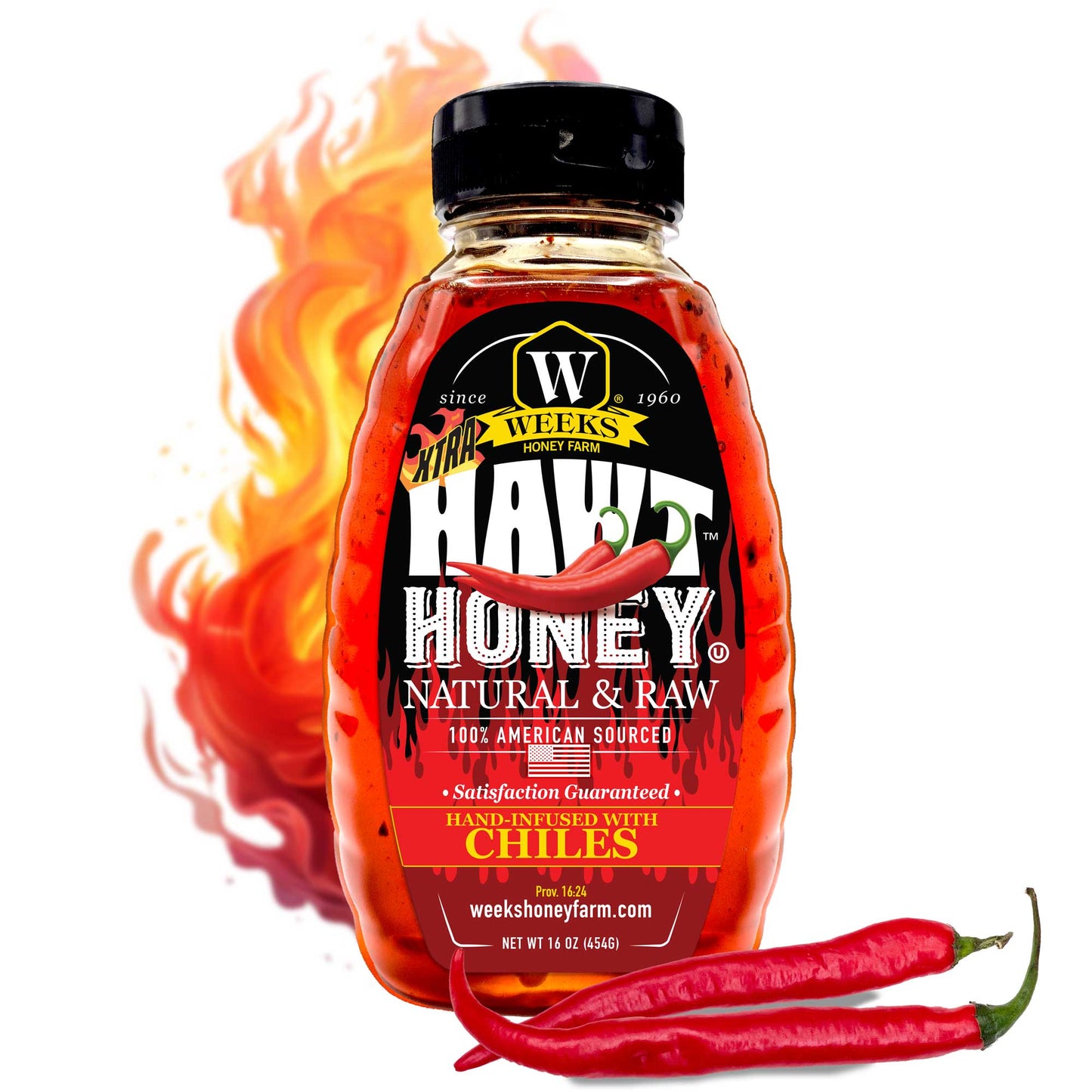 A bottle of Weeks Hawt Honey from Weeks Honey Farm, raw and natural chile-infused honey from the South, features a red pepper and fiery flames on the label, which highlights “Natural & Raw” and “Hand-Infused with Chiles.”.