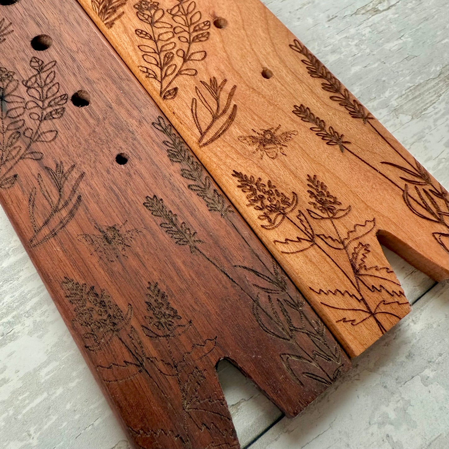 Five Oaks Farm herb stripper showing stainless steel blades and colorful handle for quickly removing herb leaves from stems.