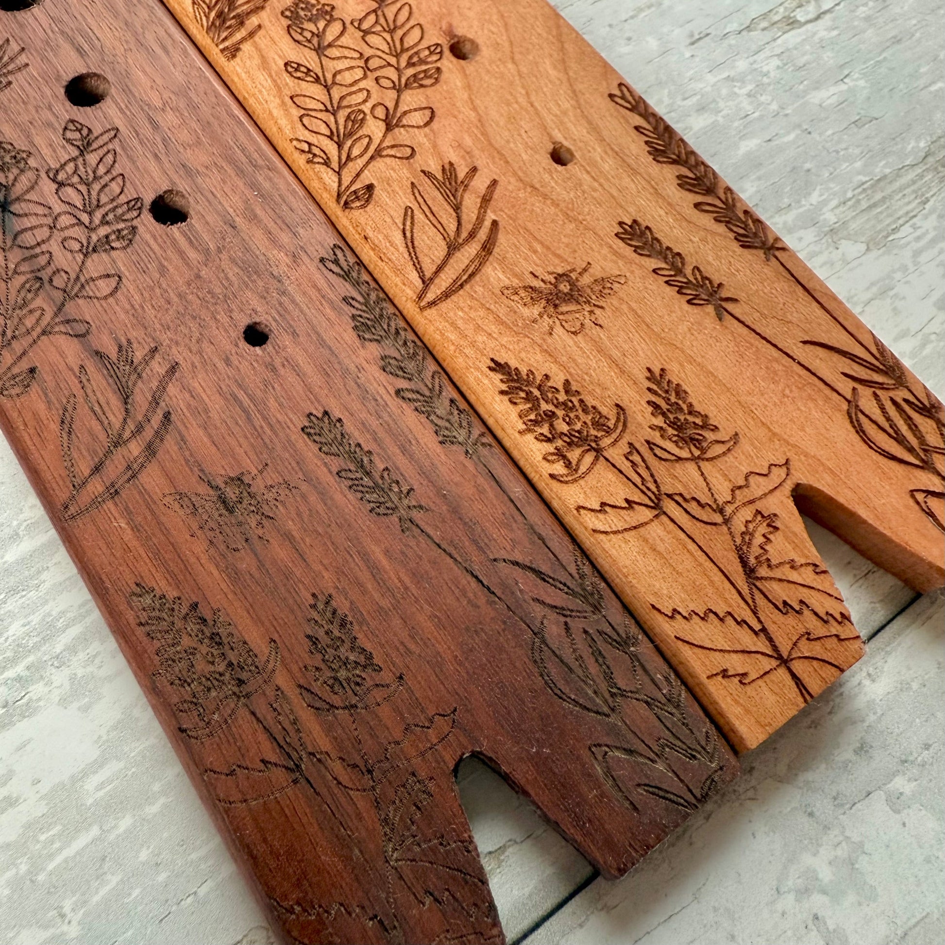Five Oaks Farm herb stripper showing stainless steel blades and colorful handle for quickly removing herb leaves from stems.