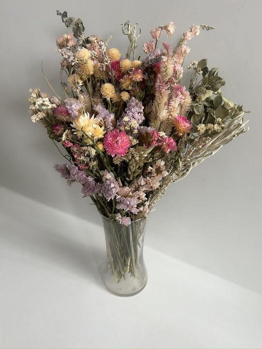 Dried bouquet of soft, dreamy SMFF Flowers from Sunny Meadows Flower Farm, featuring muted pastel blooms and rustic greenery.