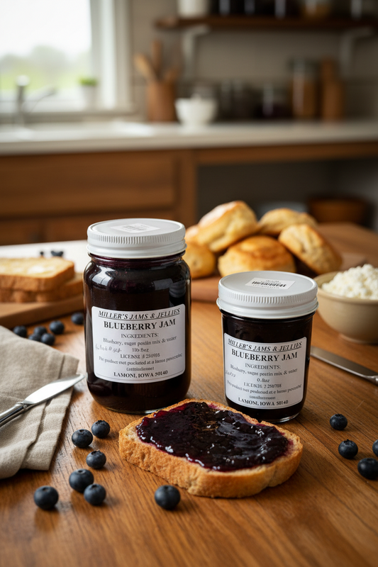 Amish Country Store blueberry jam jar, Amish-made Amish jam with fresh blueberries, local Amish-produced jam in a clear glass jar