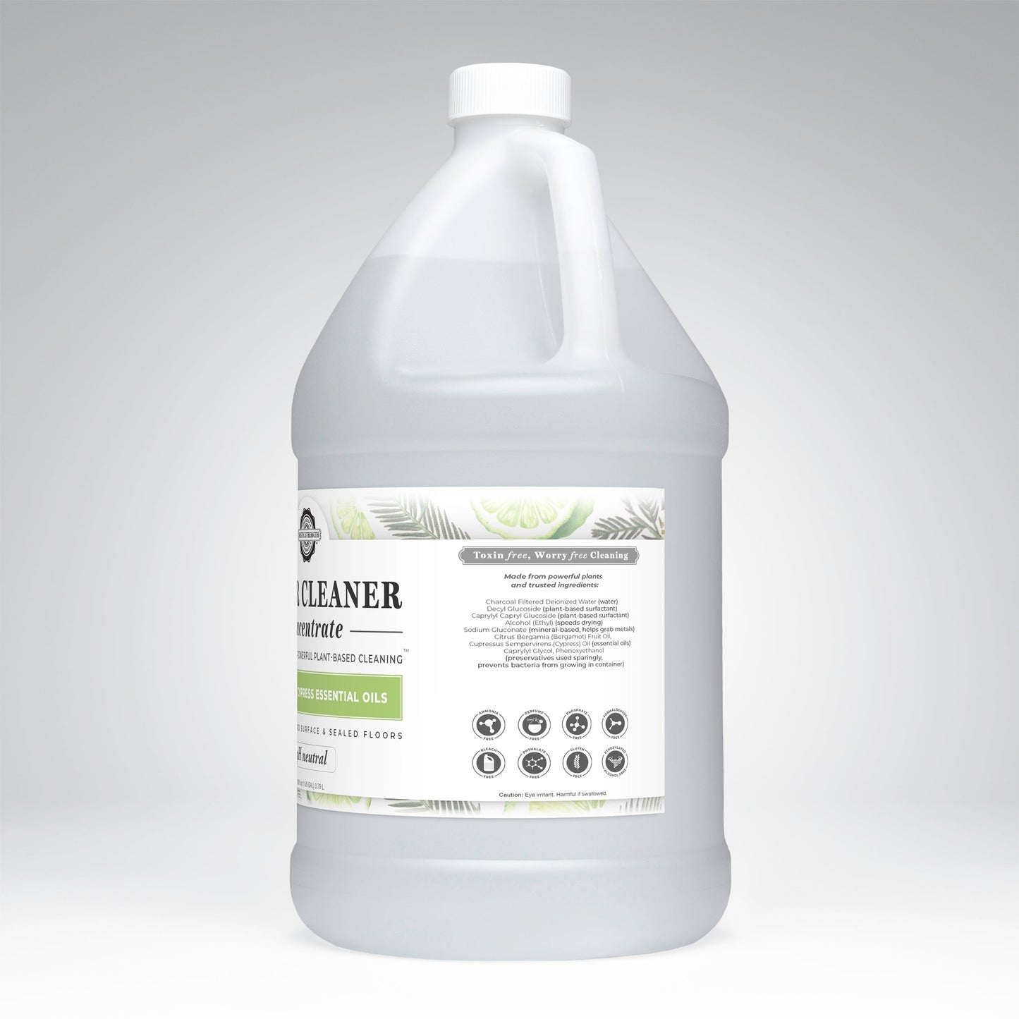 A large white gallon jug of Rustic Strength Floor Cleaner Concentrate | Bergamot & Cypress features a handle and label highlighting plant-based ingredients and essential oils, suitable for various surfaces, on a white background.