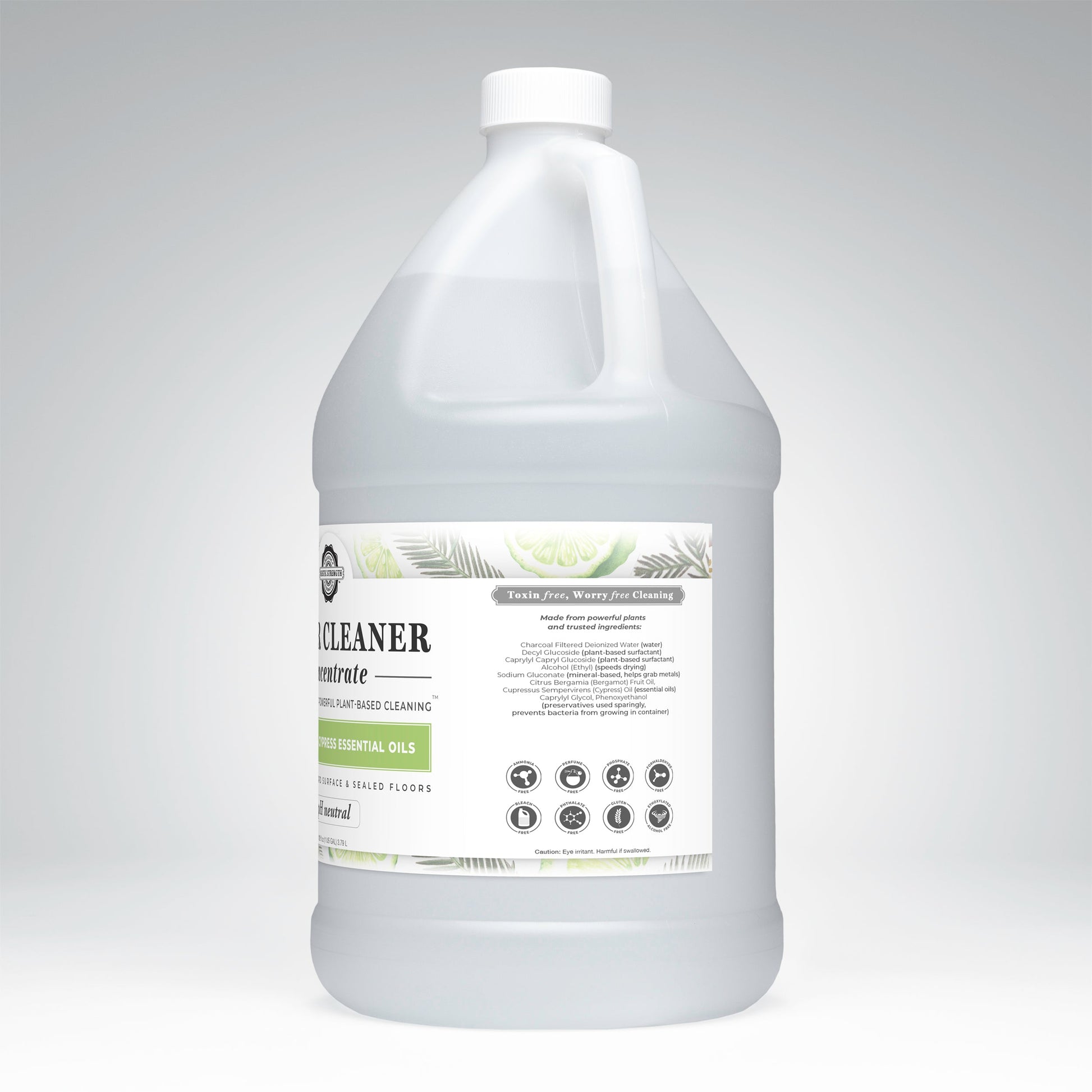 A large white gallon jug of Rustic Strength Floor Cleaner Concentrate | Bergamot & Cypress features a handle and label highlighting plant-based ingredients and essential oils, suitable for various surfaces, on a white background.