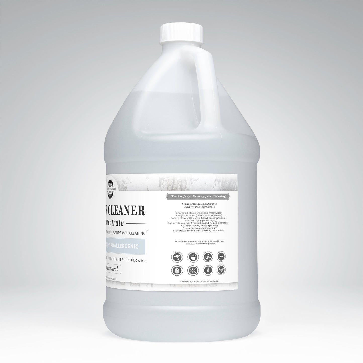 A large translucent gallon jug with a handle and white cap contains Rustic Strength Floor Cleaner Concentrate | Unscented. The label notes its non-toxic, hypoallergenic, and eco-friendly—ideal for cleaning sealed floors.