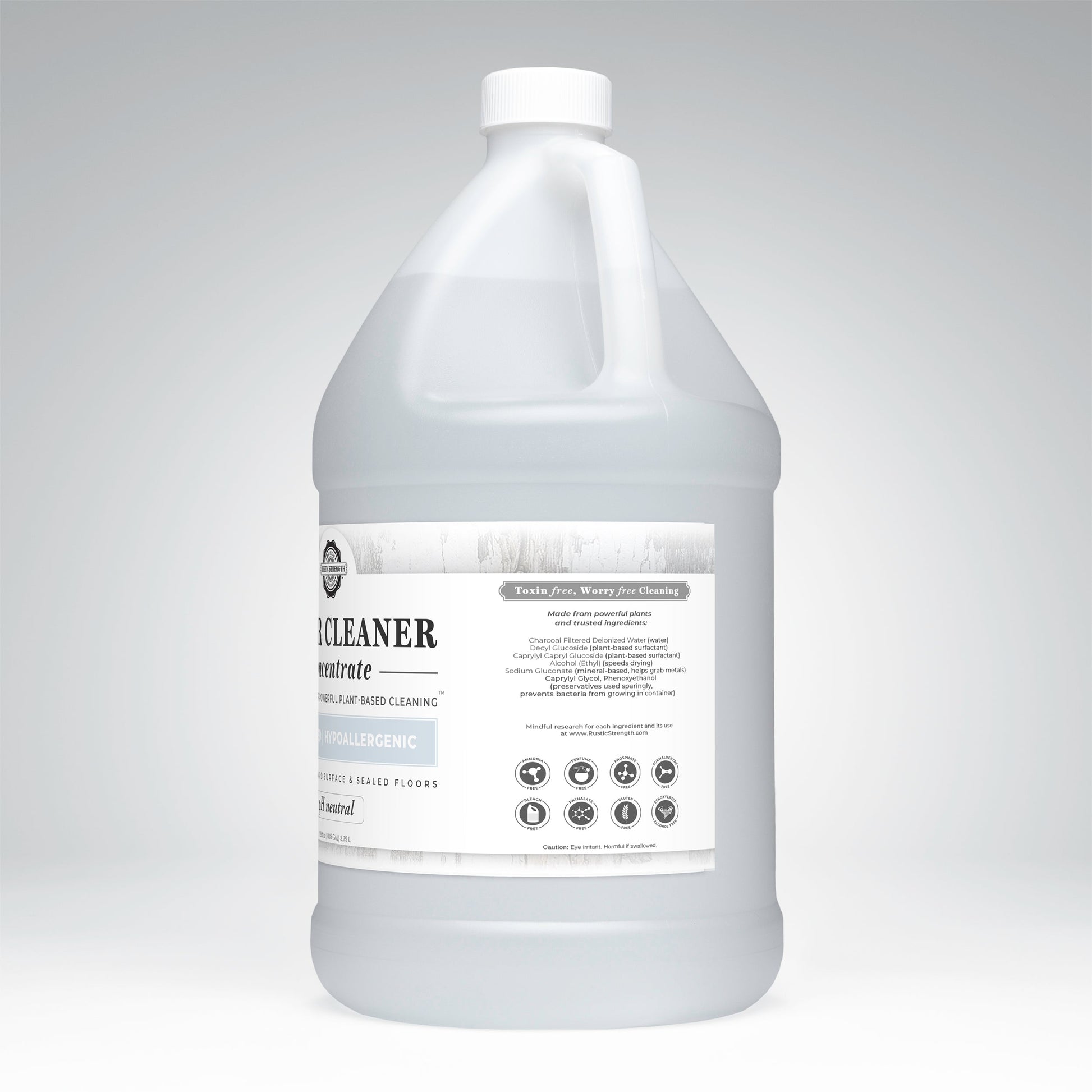 A large translucent gallon jug with a handle and white cap contains Rustic Strength Floor Cleaner Concentrate | Unscented. The label notes its non-toxic, hypoallergenic, and eco-friendly—ideal for cleaning sealed floors.