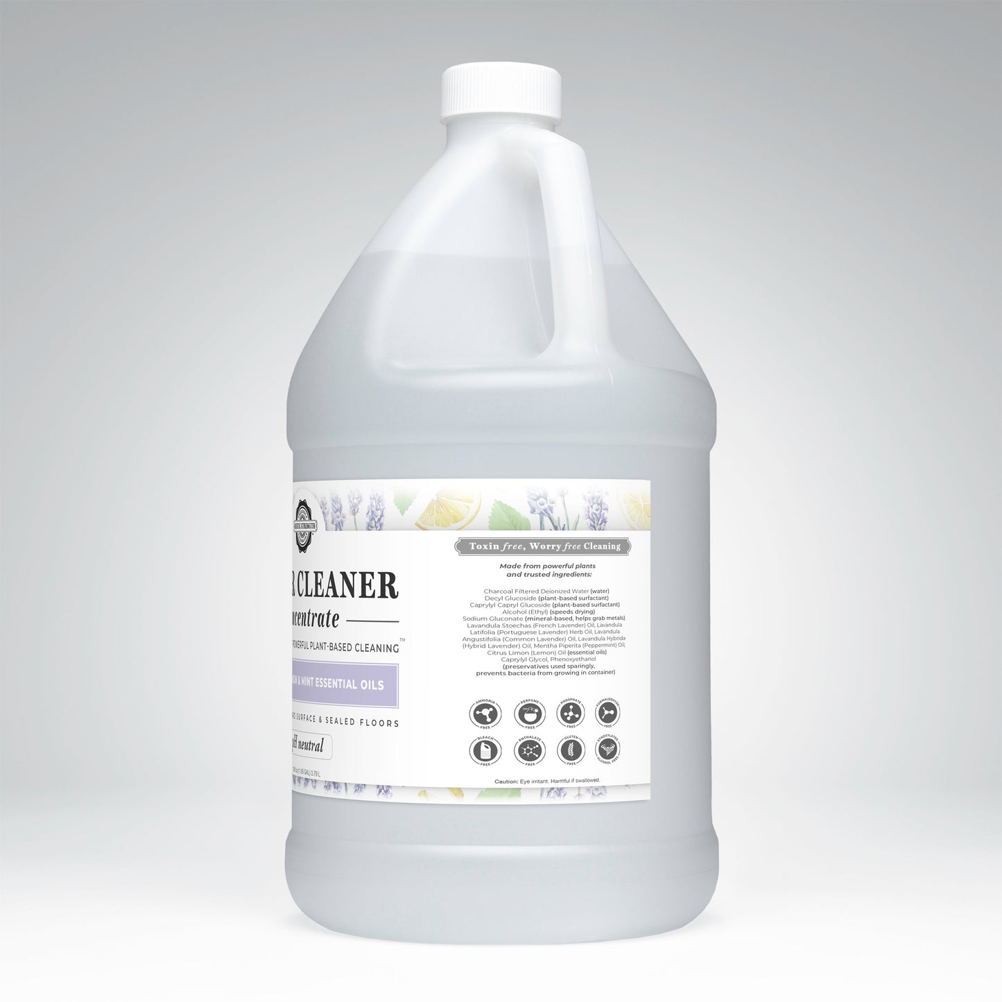 A large white plastic gallon jug of Rustic Strength Floor Cleaner Concentrate | Lavender, Lemon & Mint, featuring images of lemon, lavender, and leaves on the label with text highlighting its non-toxic, plant-based ingredients and usage instructions.