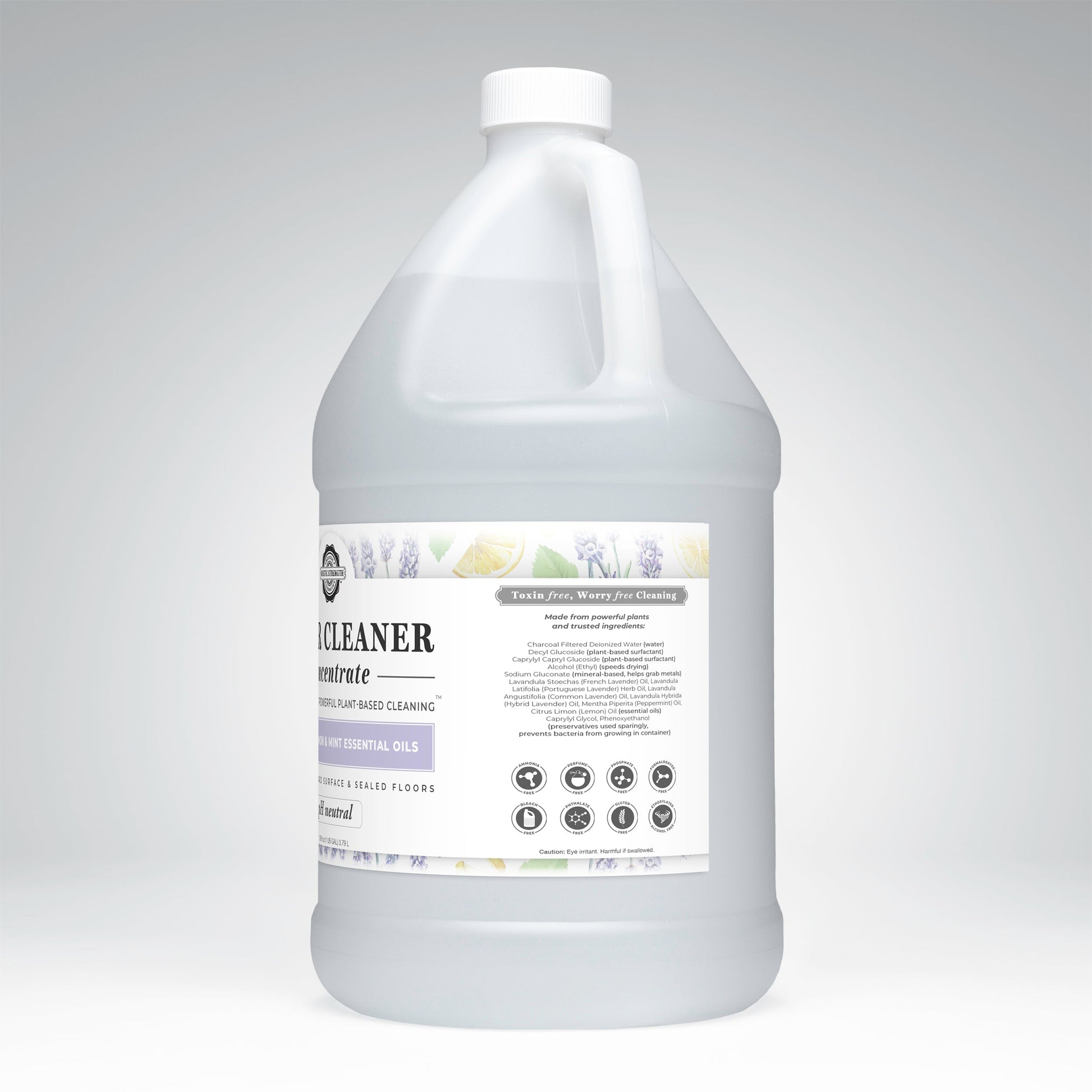 A large white plastic gallon jug of Rustic Strength Floor Cleaner Concentrate | Lavender, Lemon & Mint, featuring images of lemon, lavender, and leaves on the label with text highlighting its non-toxic, plant-based ingredients and usage instructions.