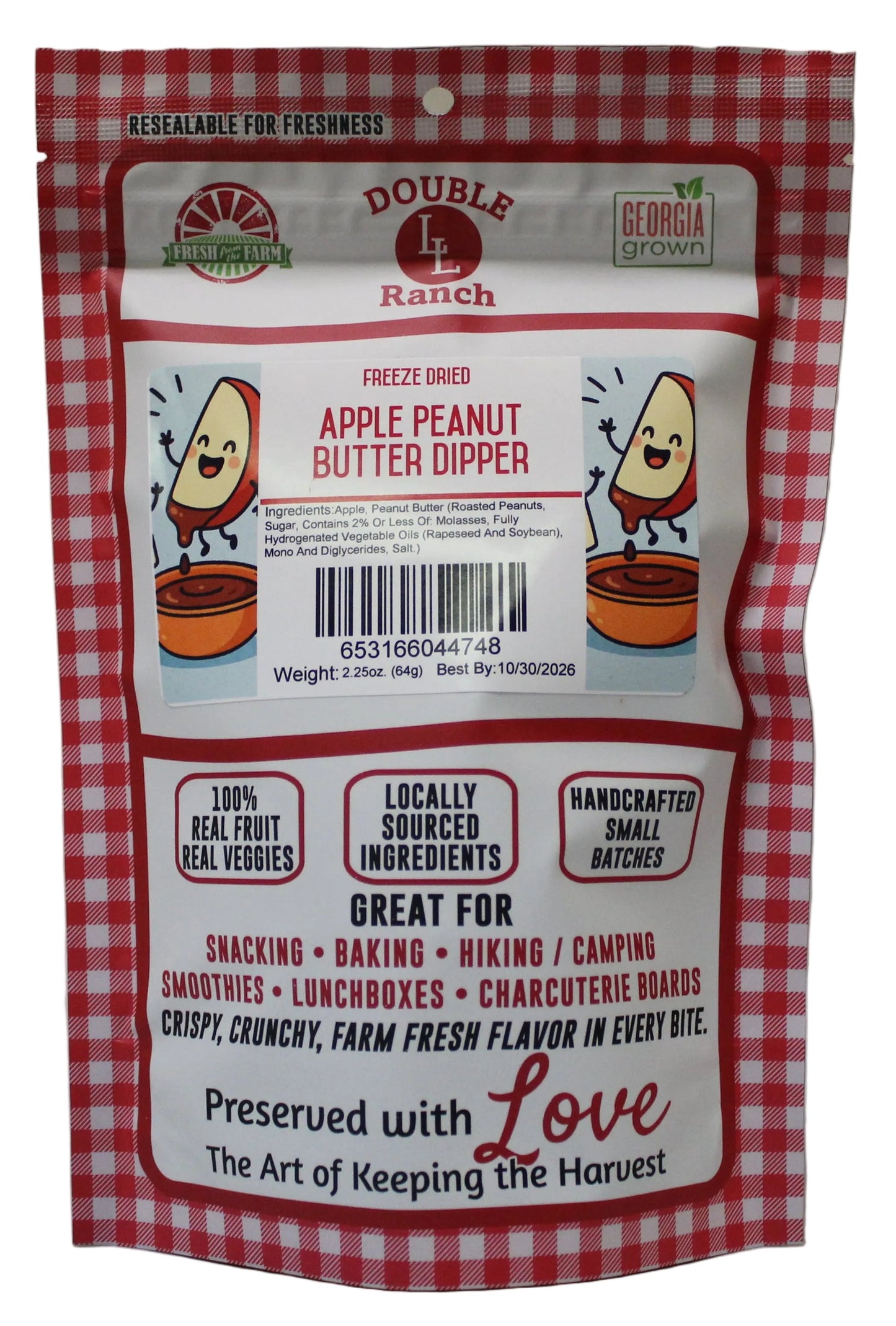 Freeze-dried apple peanut butter dippers by Double L Ranch, showing crispy snack pieces with a peanut butter coating.